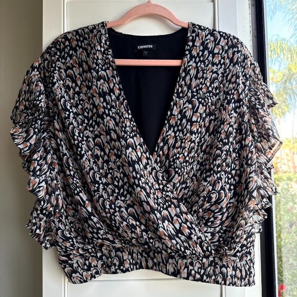 Express Flutter Surplice Wrap Top in Abstract Feather Print Black White Tan - Picture 2 of 11